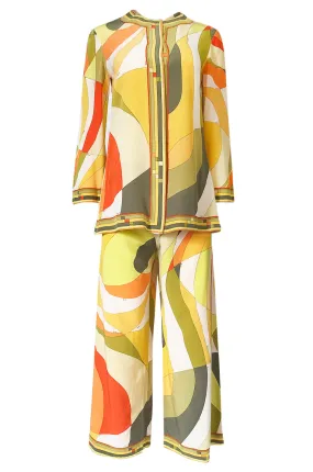 1960s Emilio Pucci Citrus Colors Silk Button Tunic Top  & Cropped Pant Set