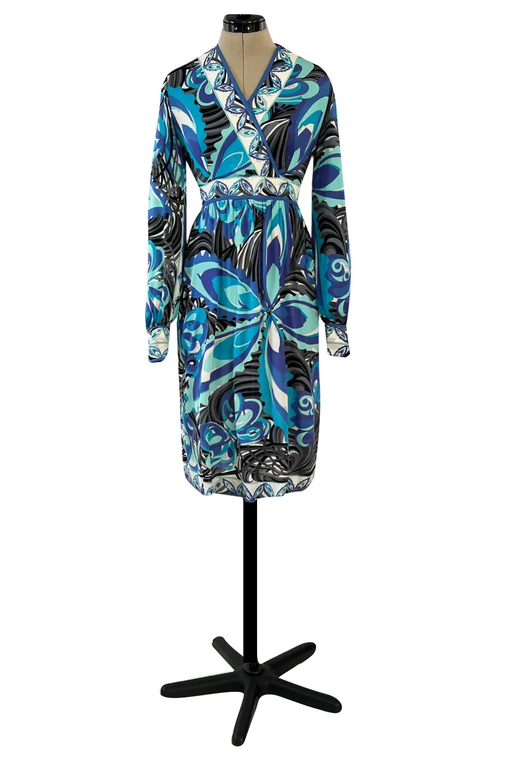 1960s Emilio Pucci Ocean Blue Printed Silk Jersey Dress w Bold Floral Print