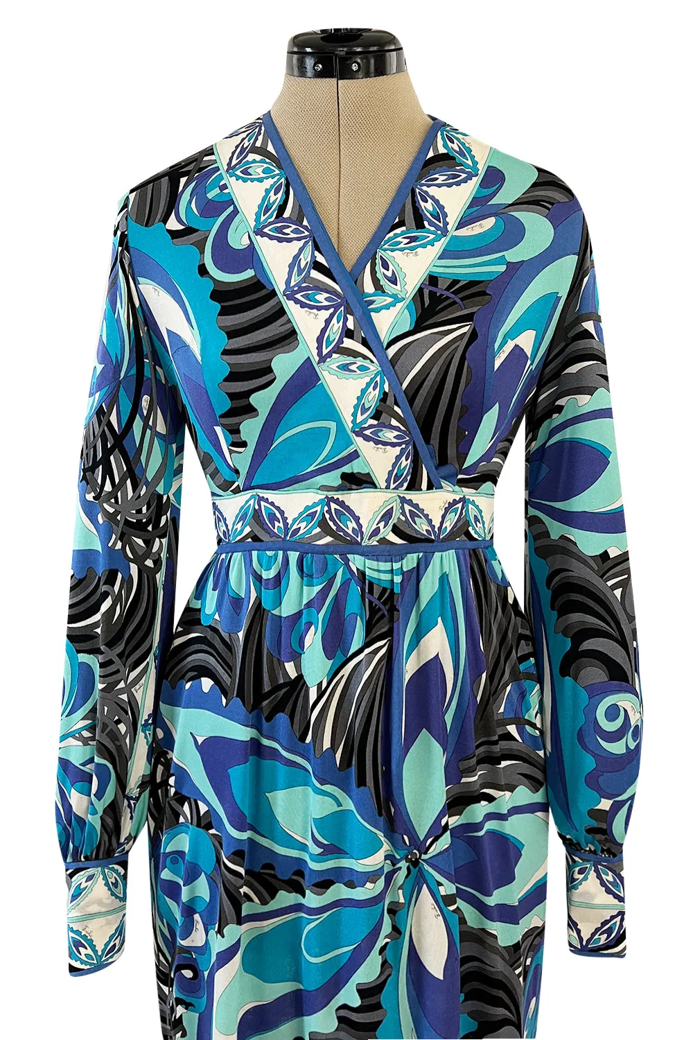 1960s Emilio Pucci Ocean Blue Printed Silk Jersey Dress w Bold Floral Print