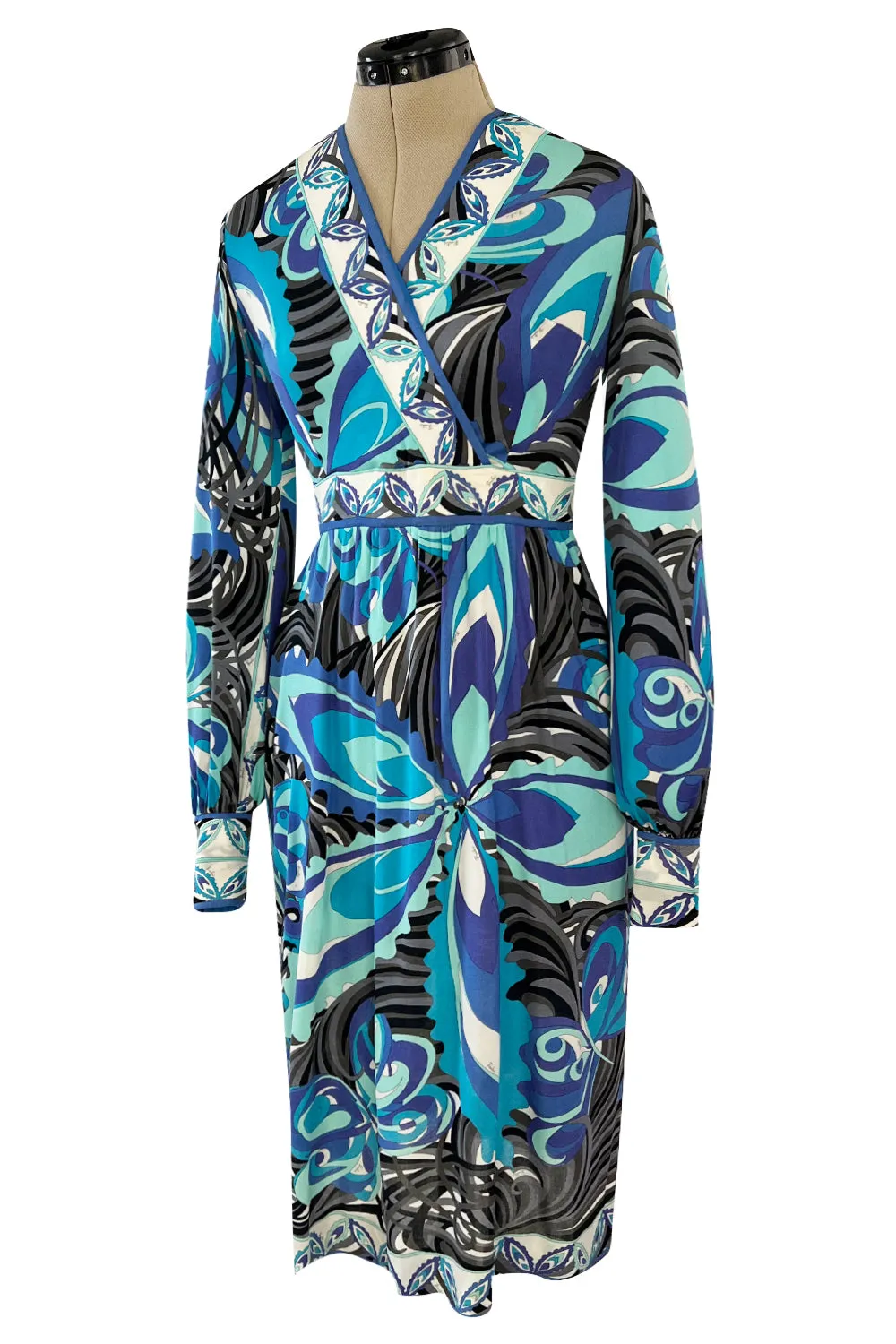 1960s Emilio Pucci Ocean Blue Printed Silk Jersey Dress w Bold Floral Print