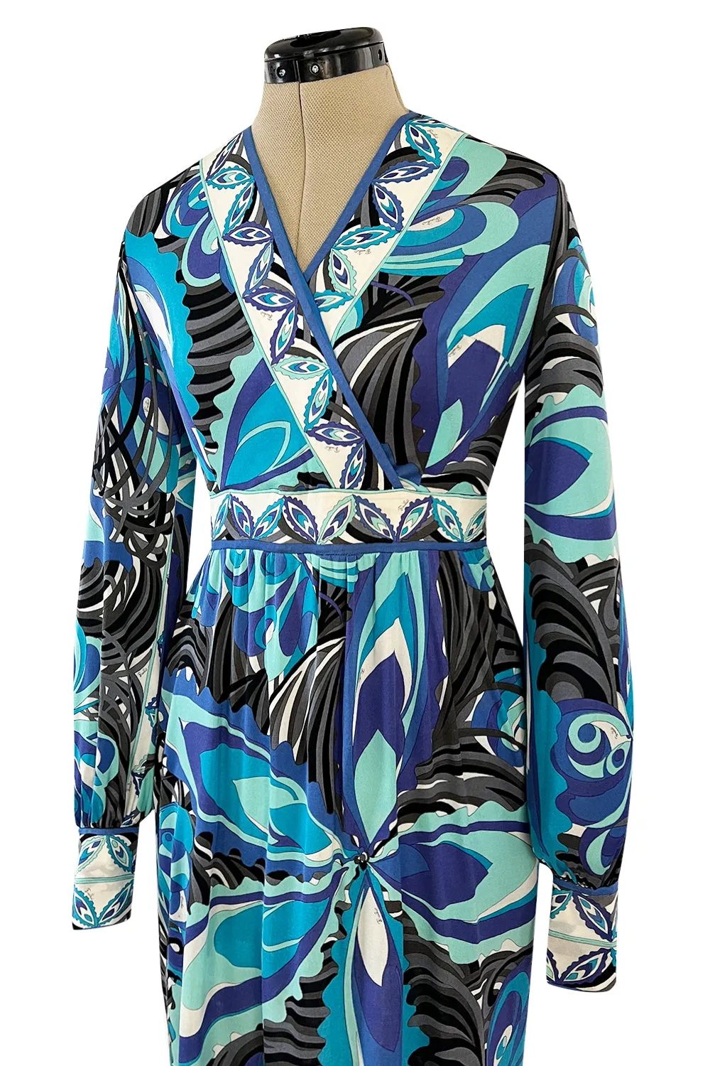 1960s Emilio Pucci Ocean Blue Printed Silk Jersey Dress w Bold Floral Print