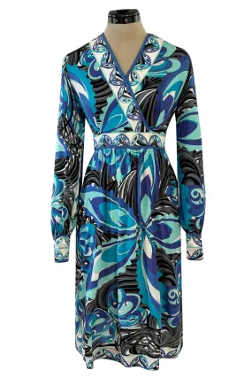 1960s Emilio Pucci Ocean Blue Printed Silk Jersey Dress w Bold Floral Print