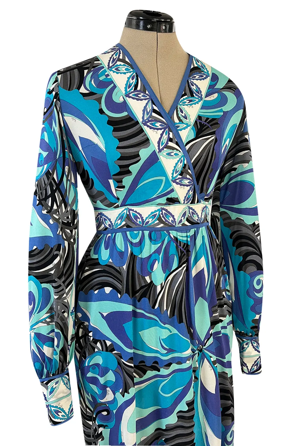 1960s Emilio Pucci Ocean Blue Printed Silk Jersey Dress w Bold Floral Print