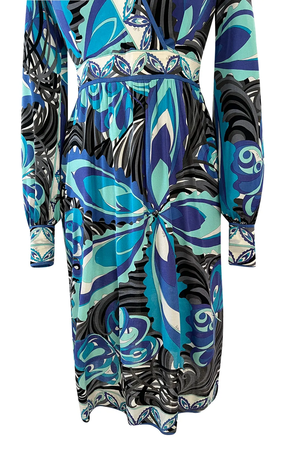 1960s Emilio Pucci Ocean Blue Printed Silk Jersey Dress w Bold Floral Print