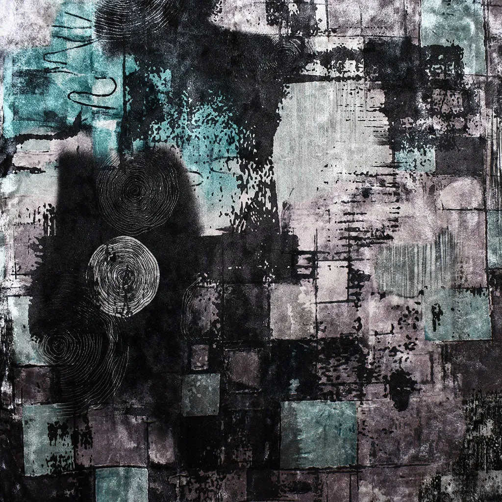 Abstract Art Stretch Crushed Velvet Charcoal/Aqua