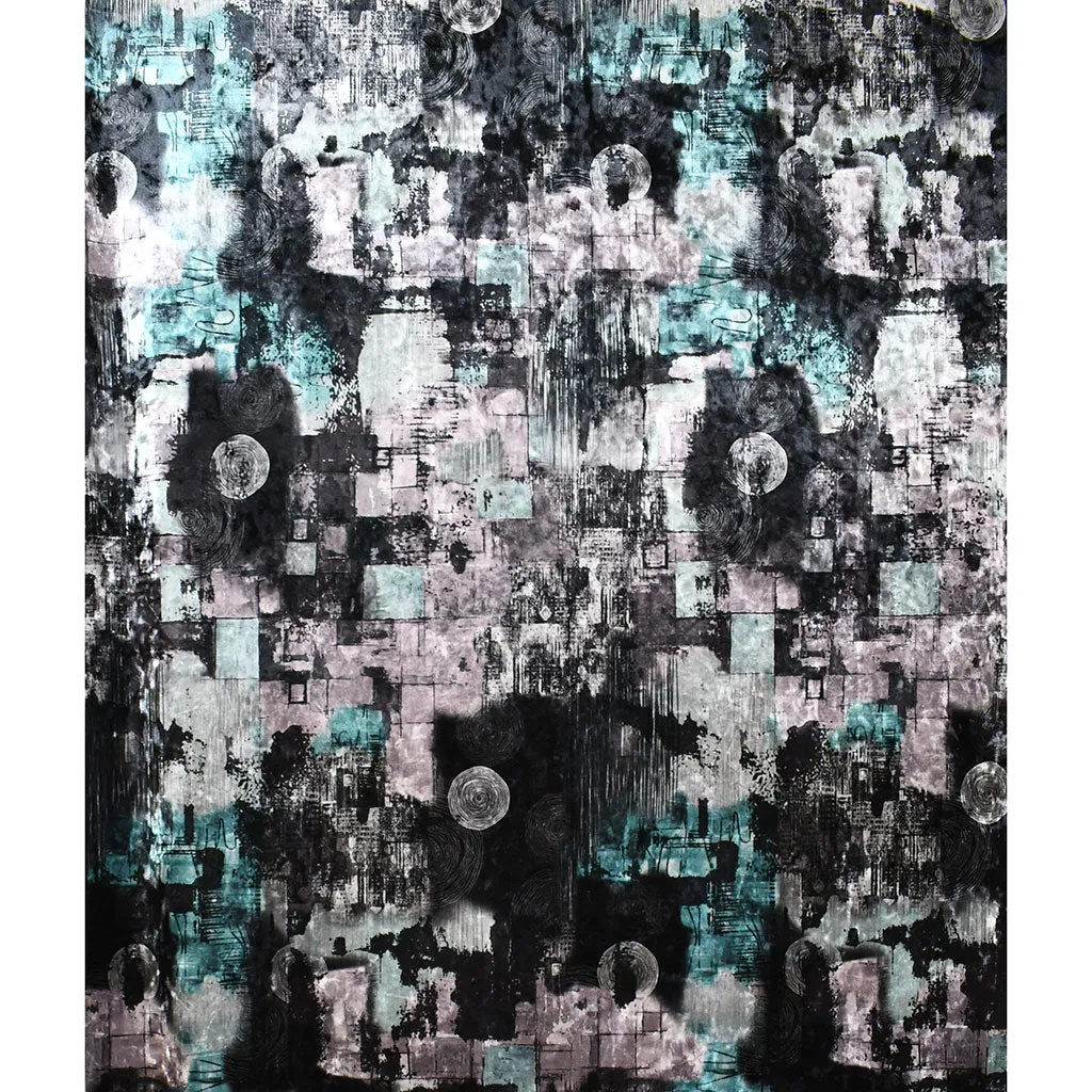 Abstract Art Stretch Crushed Velvet Charcoal/Aqua