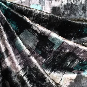 Abstract Art Stretch Crushed Velvet Charcoal/Aqua