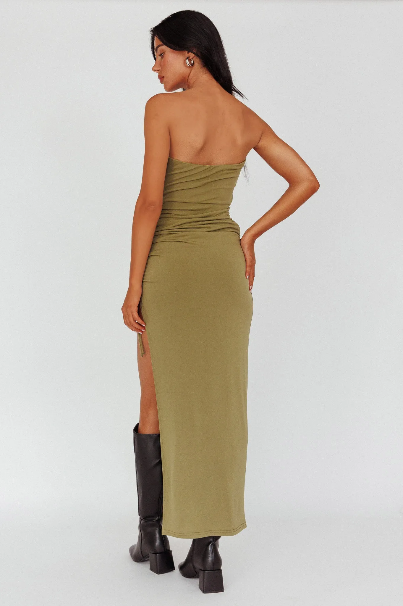 Affections Drawstring Ruched Split Maxi Dress Khaki