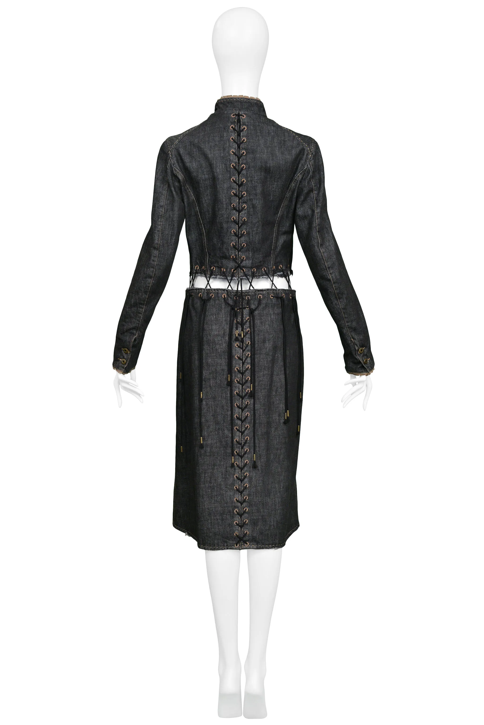 ALEXANDER MCQUEEN BLACK DENIM "IRERE" COAT WITH LACES 2003