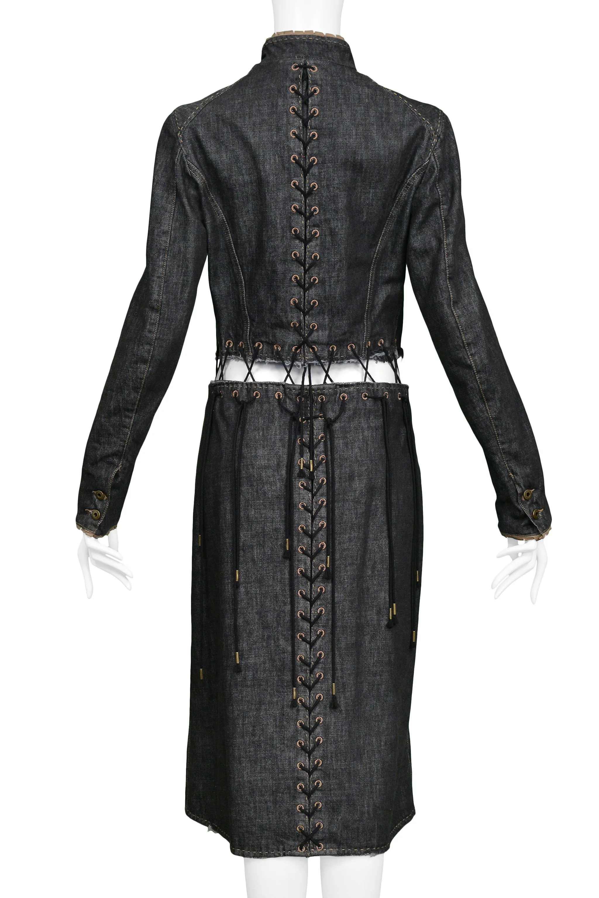 ALEXANDER MCQUEEN BLACK DENIM "IRERE" COAT WITH LACES 2003