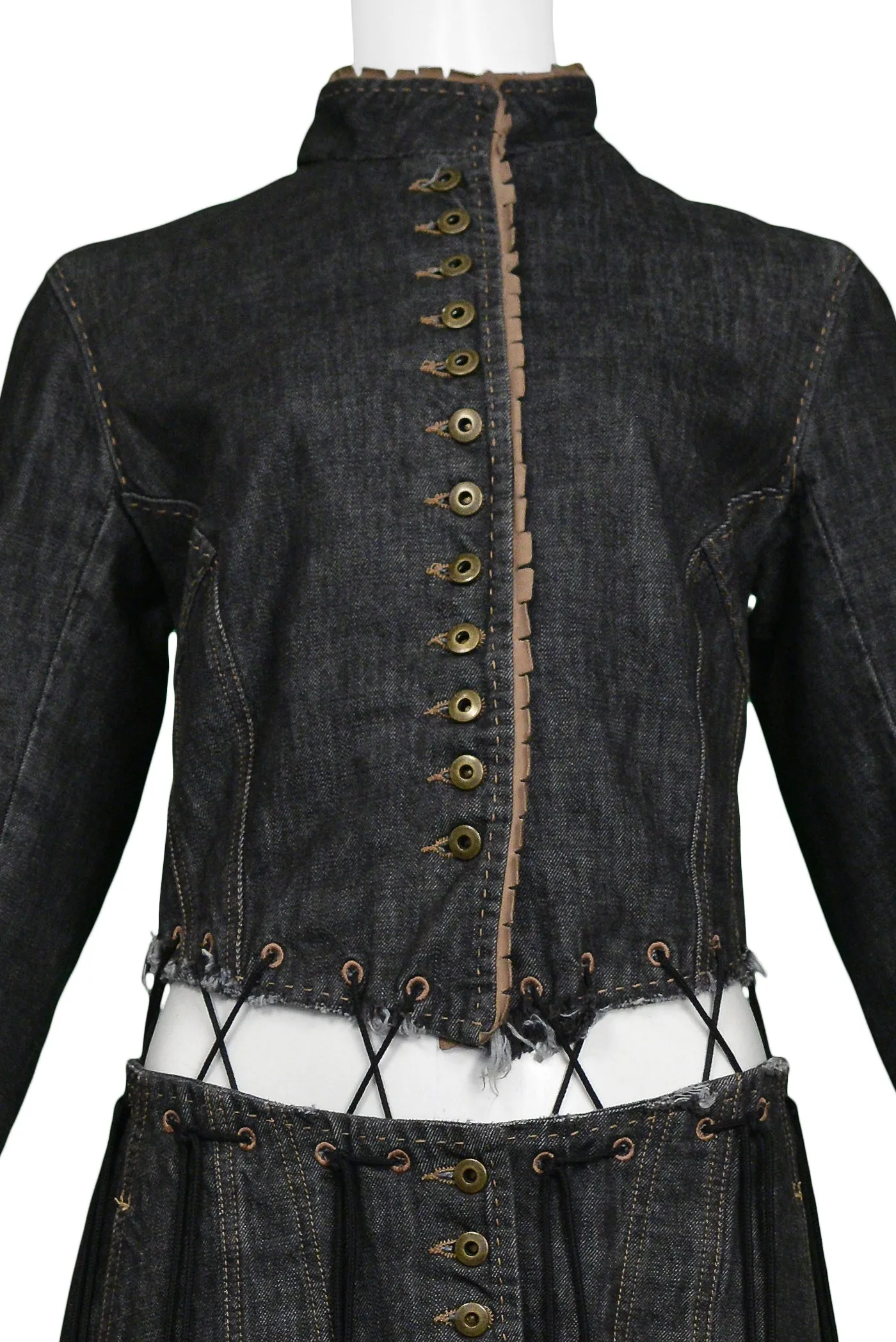 ALEXANDER MCQUEEN BLACK DENIM "IRERE" COAT WITH LACES 2003