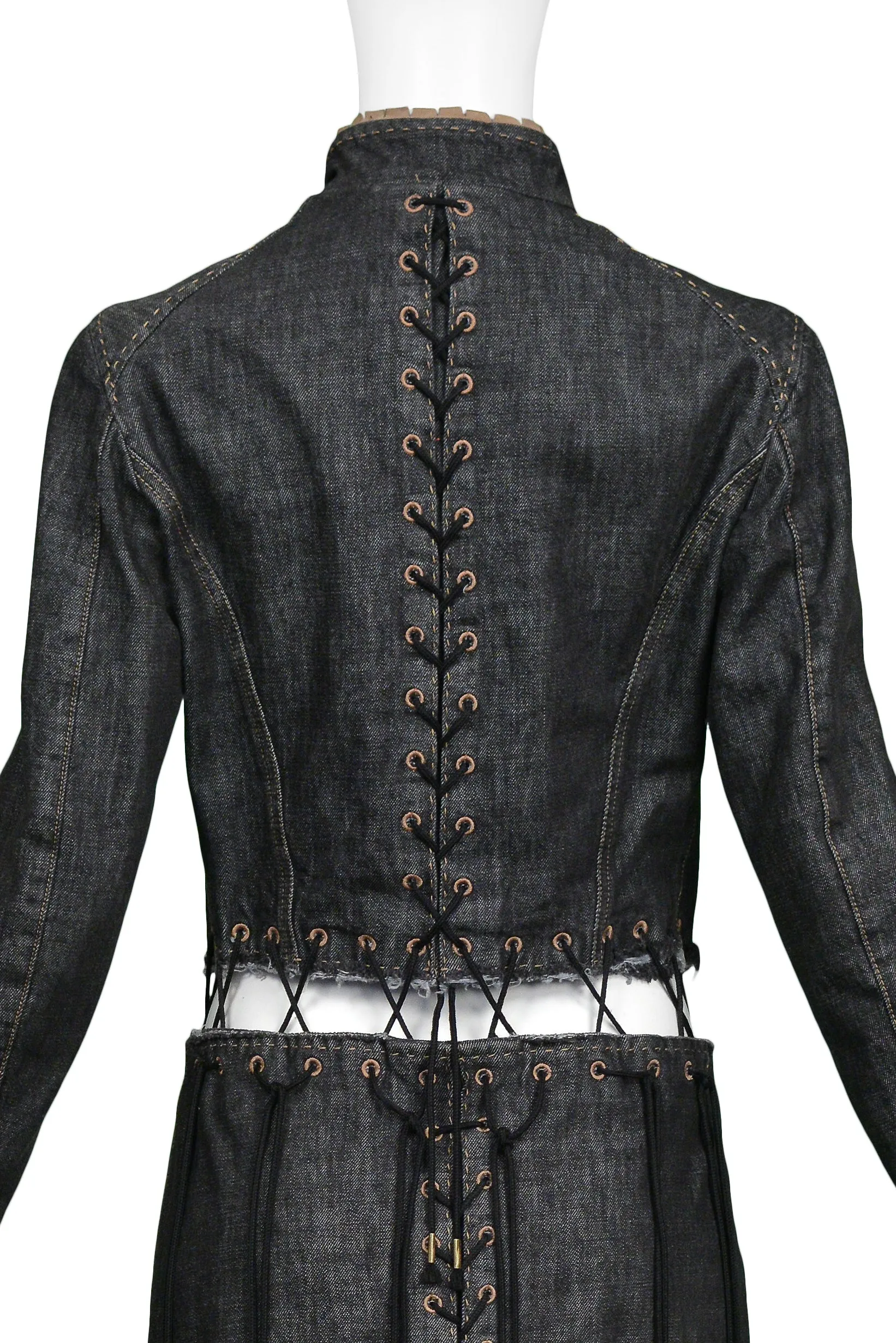 ALEXANDER MCQUEEN BLACK DENIM "IRERE" COAT WITH LACES 2003