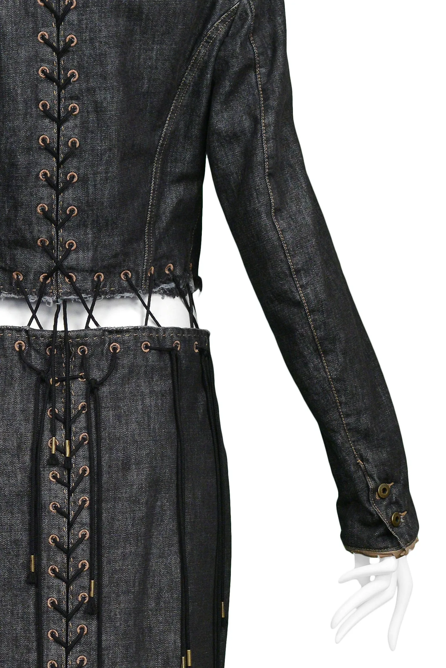 ALEXANDER MCQUEEN BLACK DENIM "IRERE" COAT WITH LACES 2003