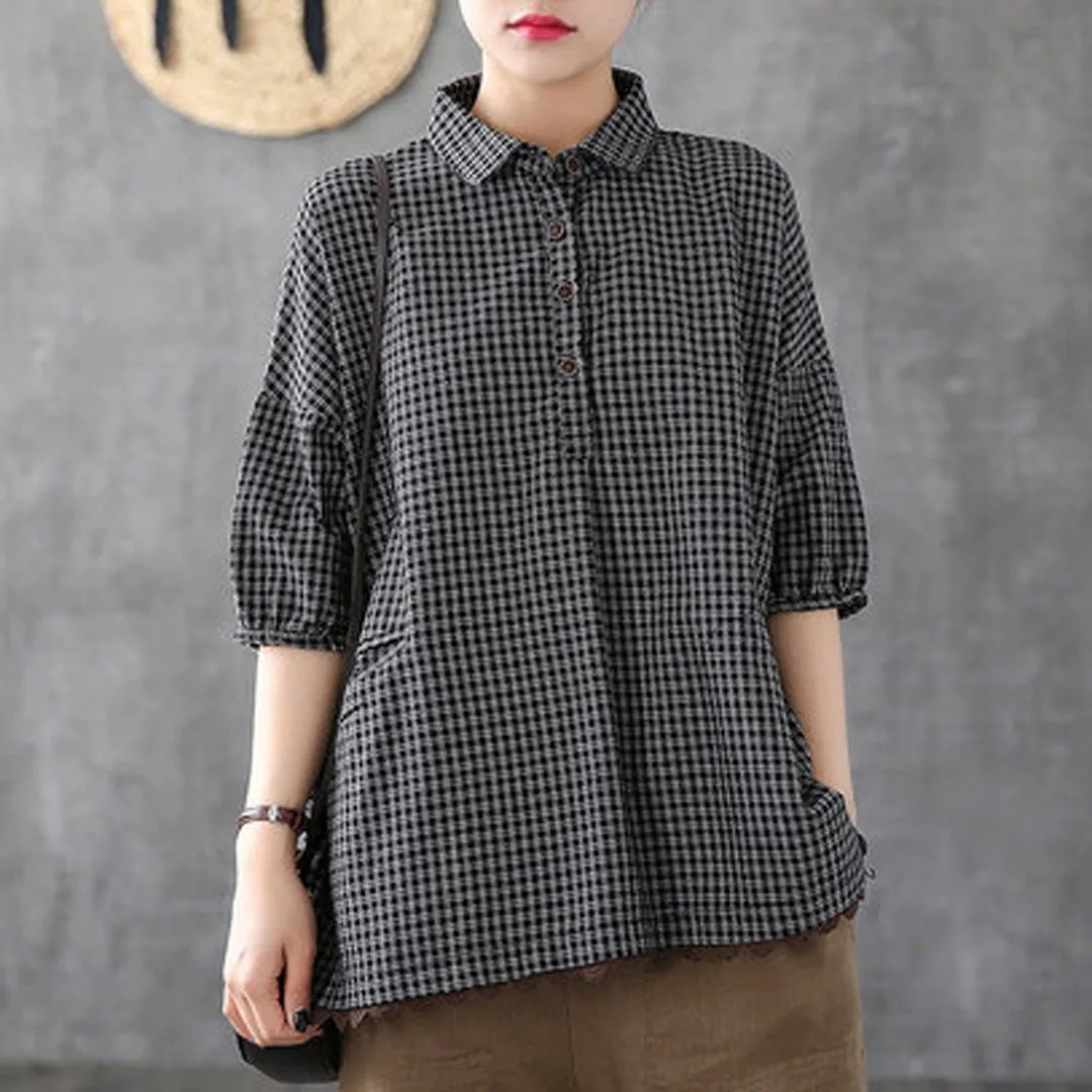 Babakud Plaid Button Pockets Casual Loose Shirt