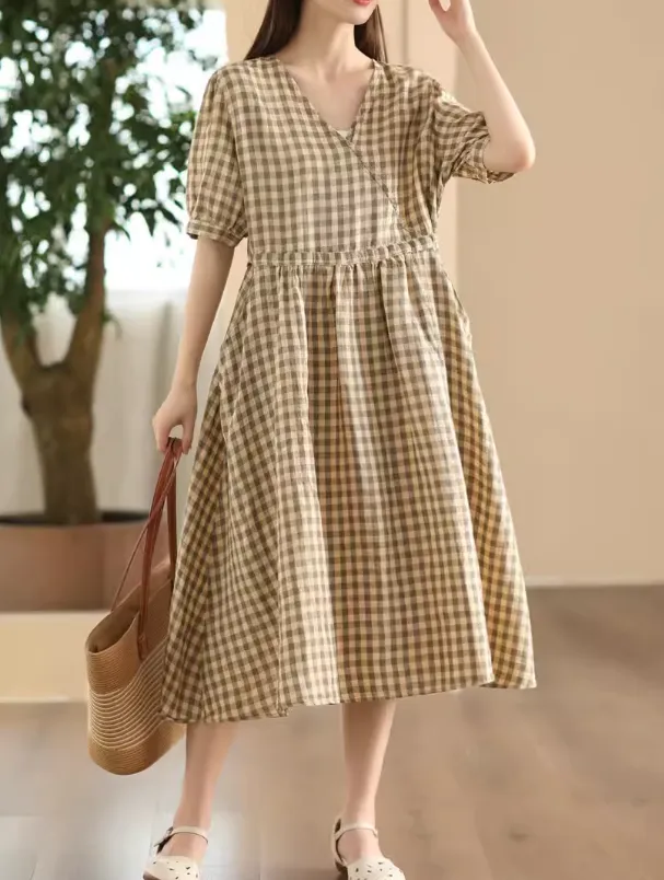 Babakud Women Summer Linen Plaid Dress