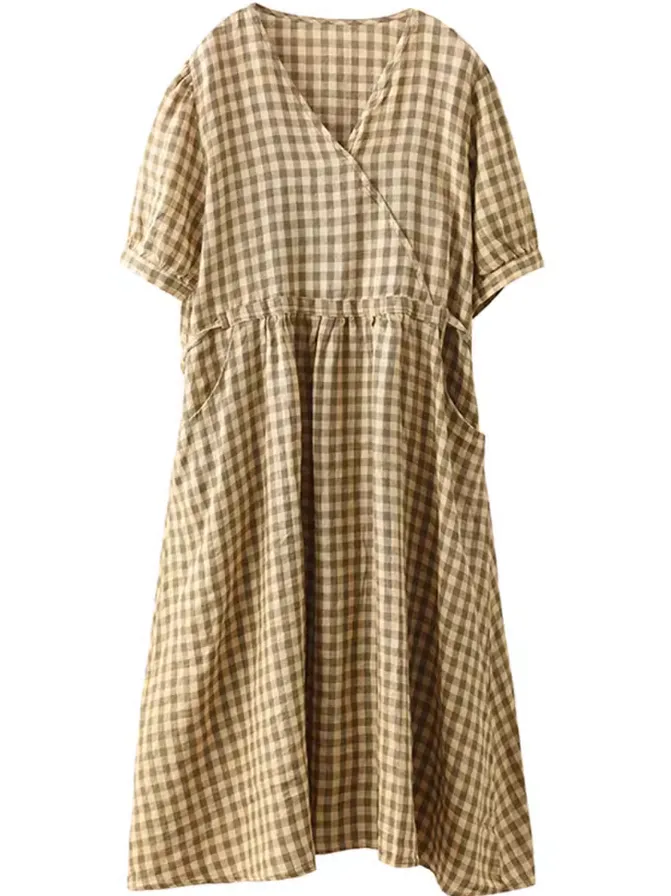 Babakud Women Summer Linen Plaid Dress