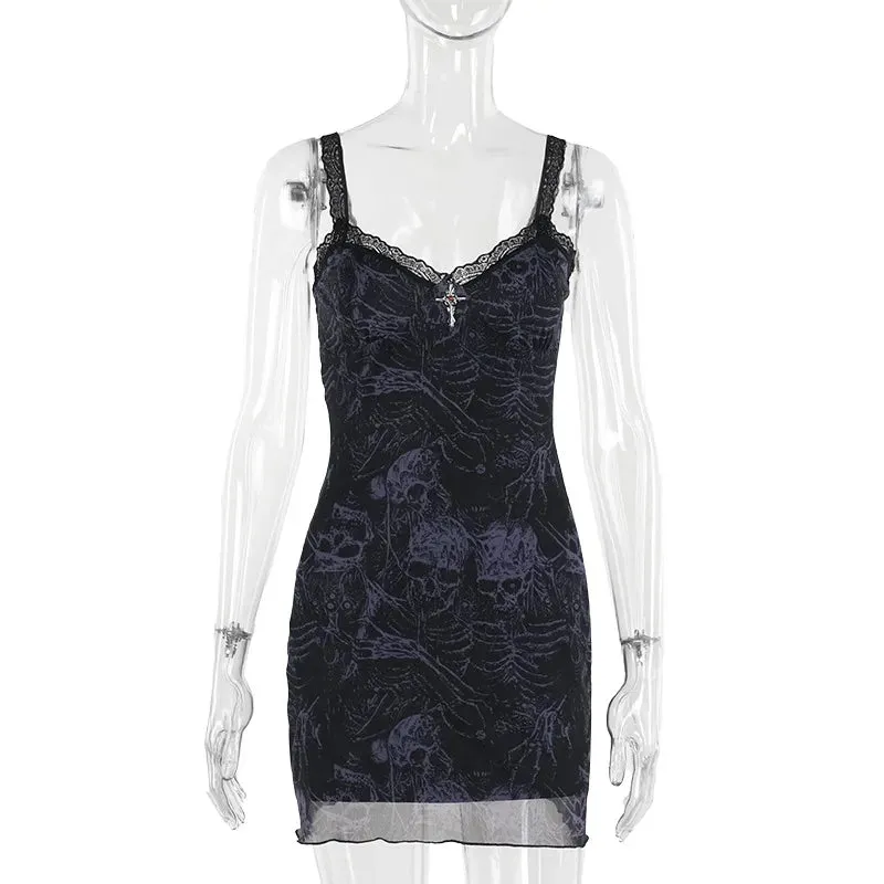 'Back from the Dead' Purple Goth Grunge Skull Print Dress