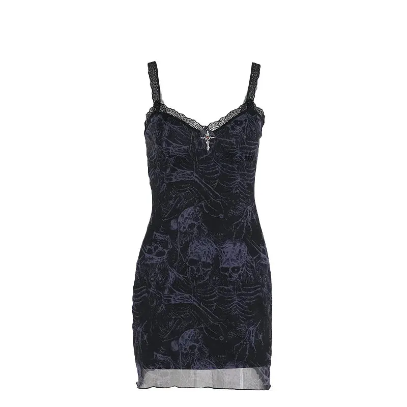 'Back from the Dead' Purple Goth Grunge Skull Print Dress