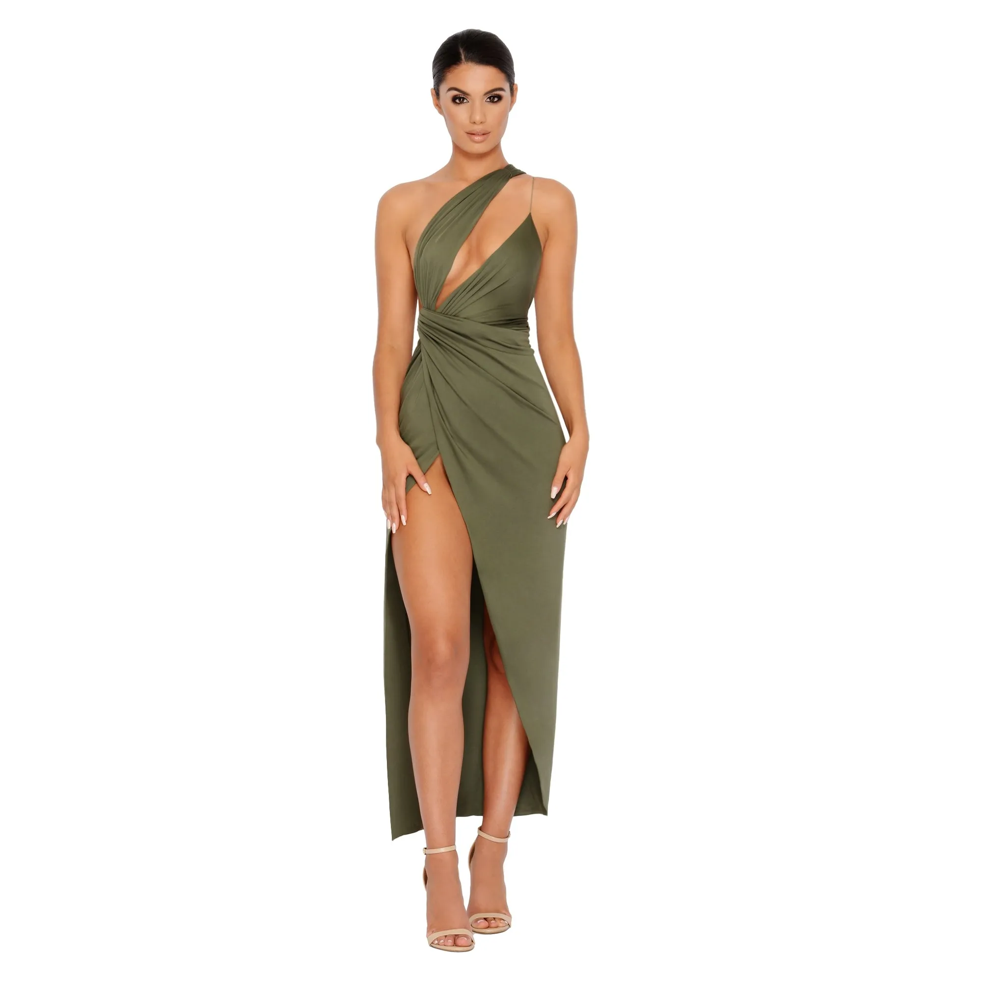 Beat The Ruche Thigh Split Maxi Dress in Khaki