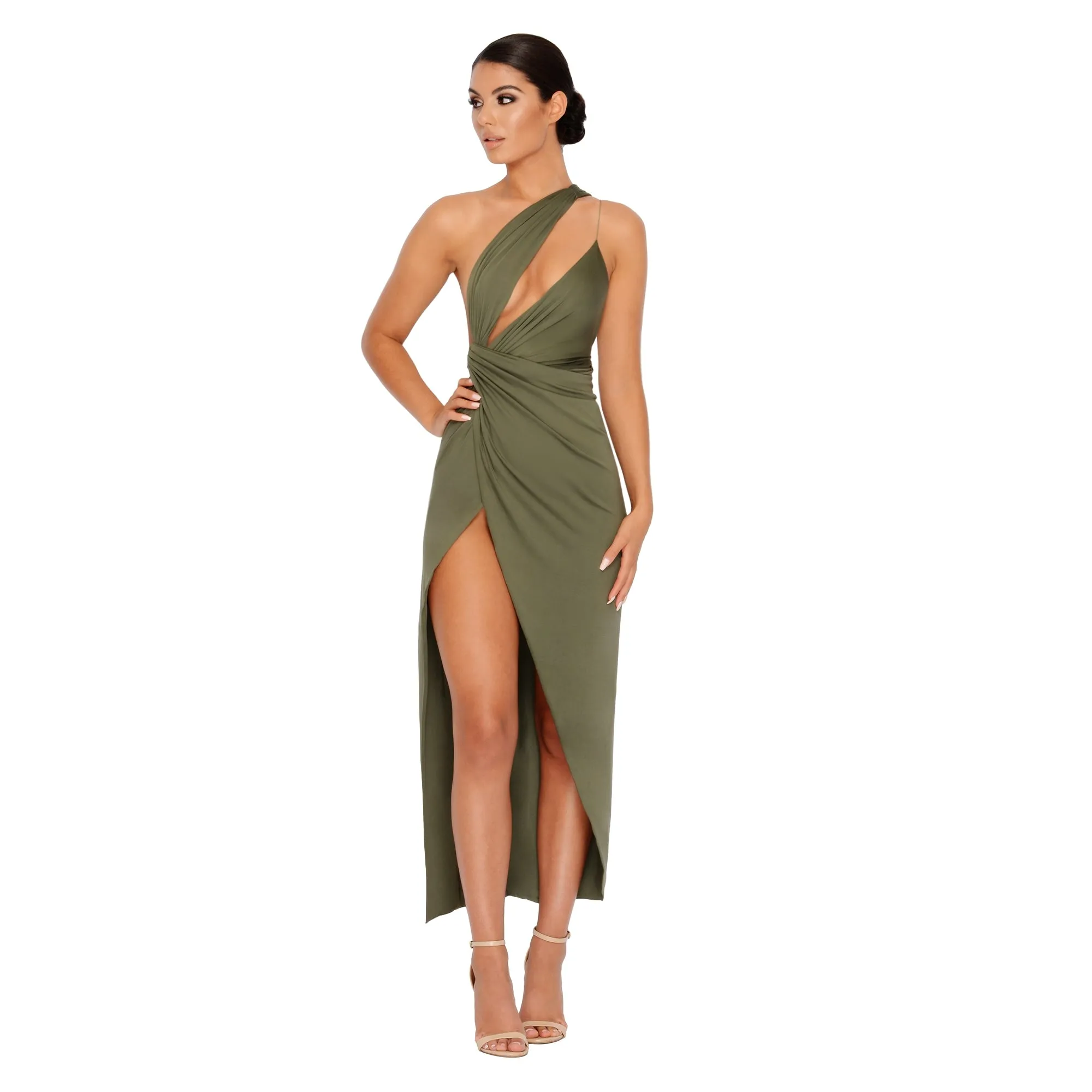 Beat The Ruche Thigh Split Maxi Dress in Khaki