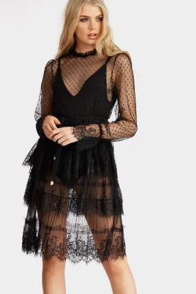 Black Black Frill Neck Layered Mesh Dress