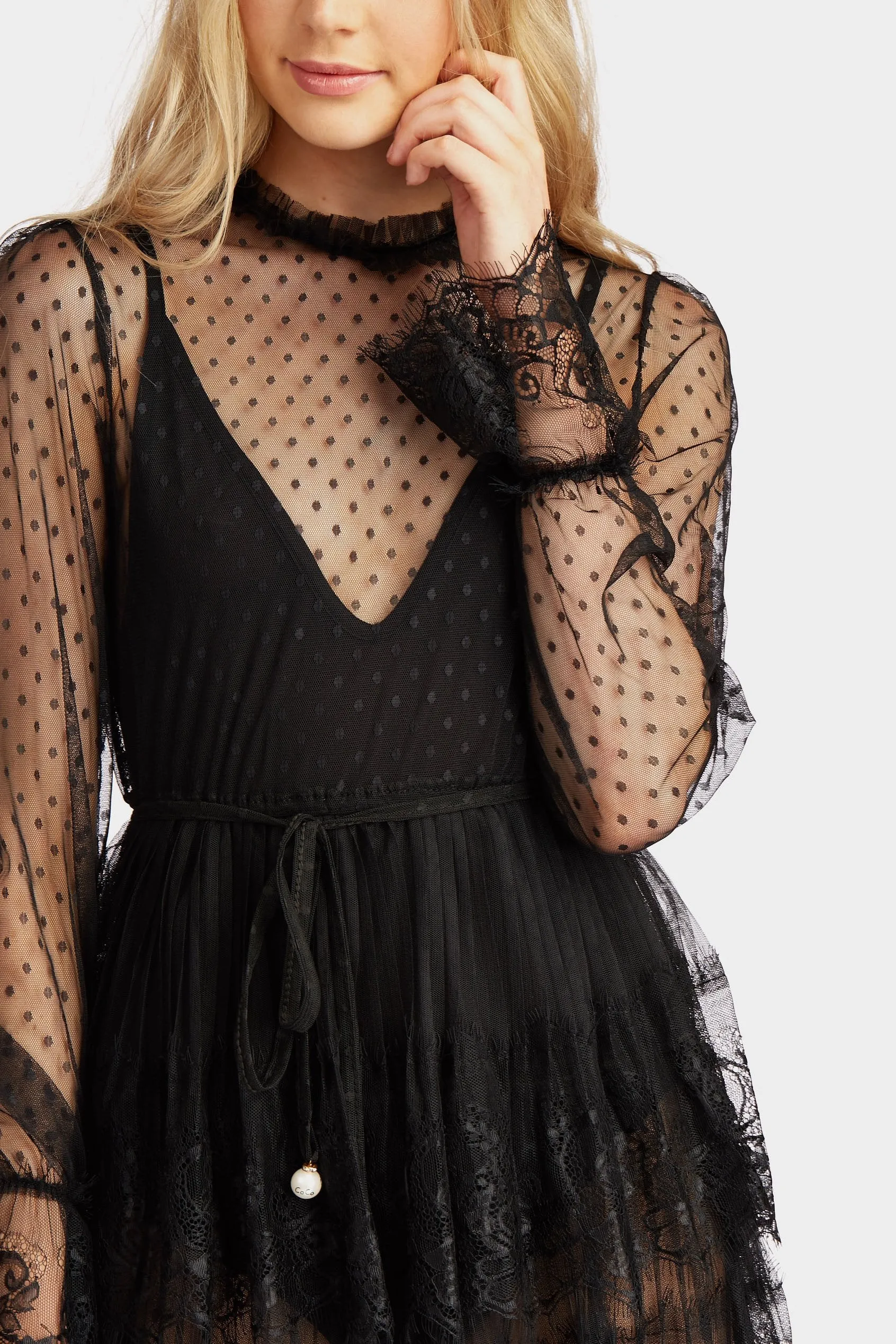 Black Black Frill Neck Layered Mesh Dress