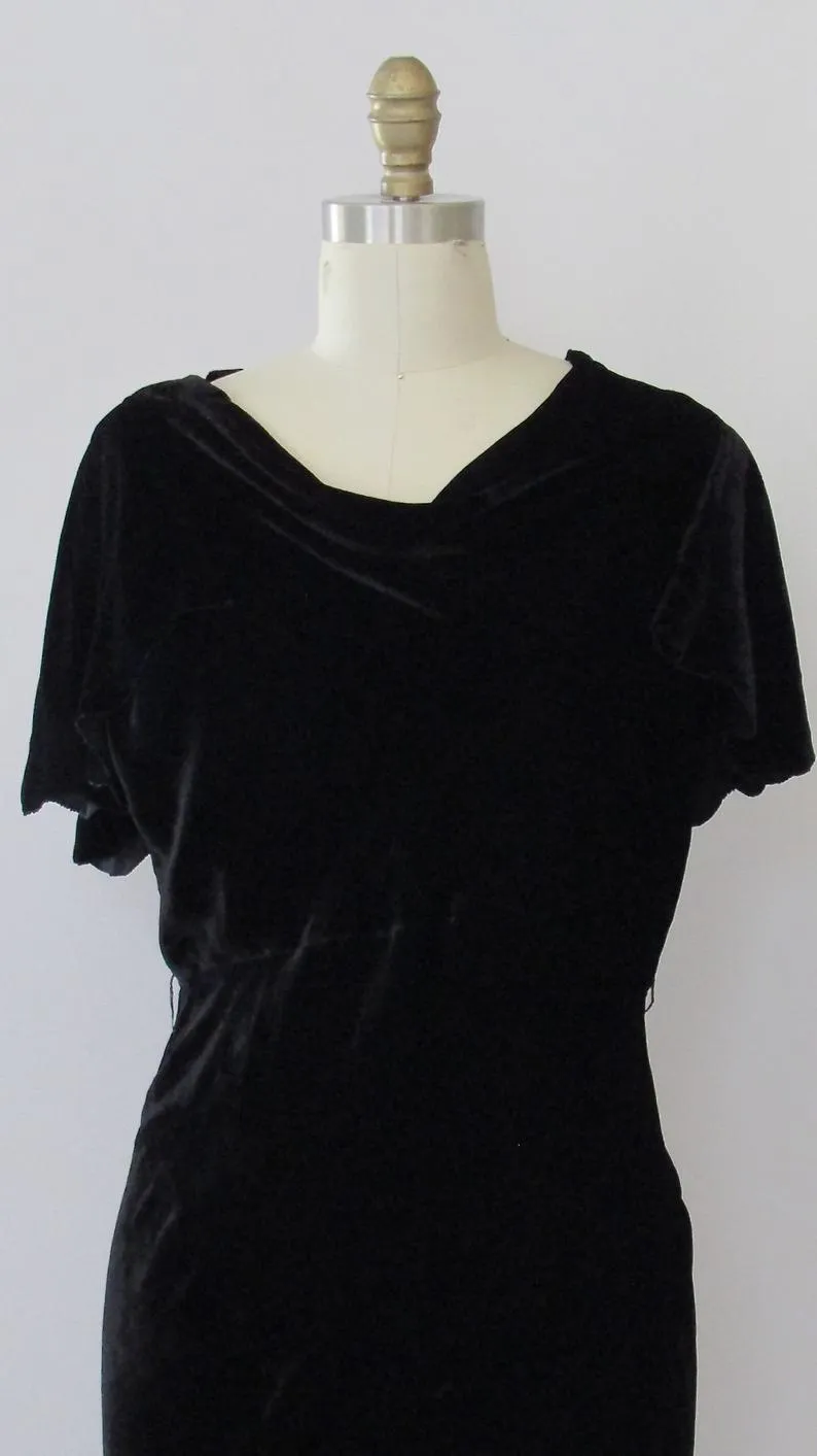 BLACK MAGIC 1930s Silk Velvet Bias Cut Dress w/ Capelet Sleeves, Sz Small