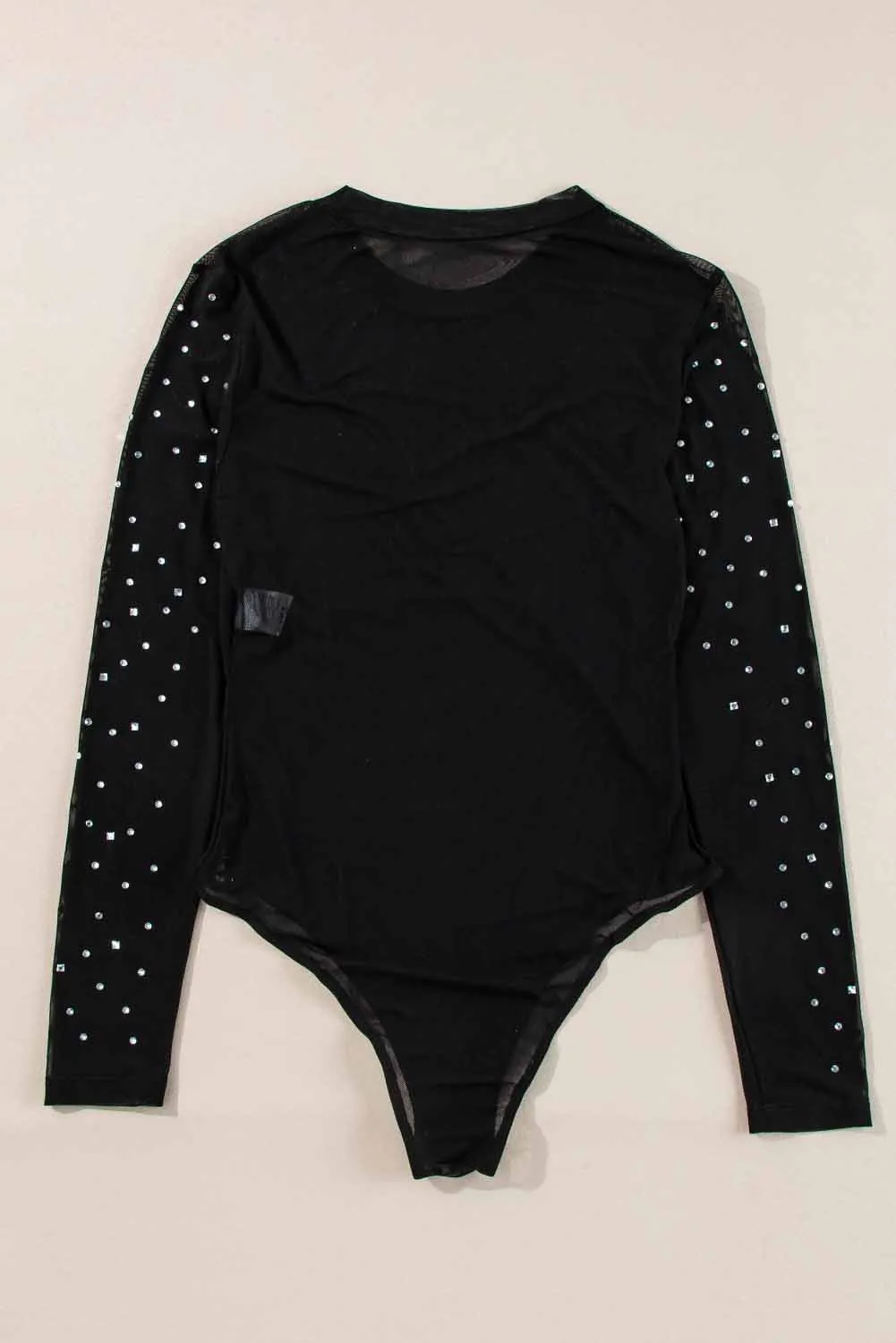 Black Rhinestone Sheer Mesh Long Sleeve Bodysuit