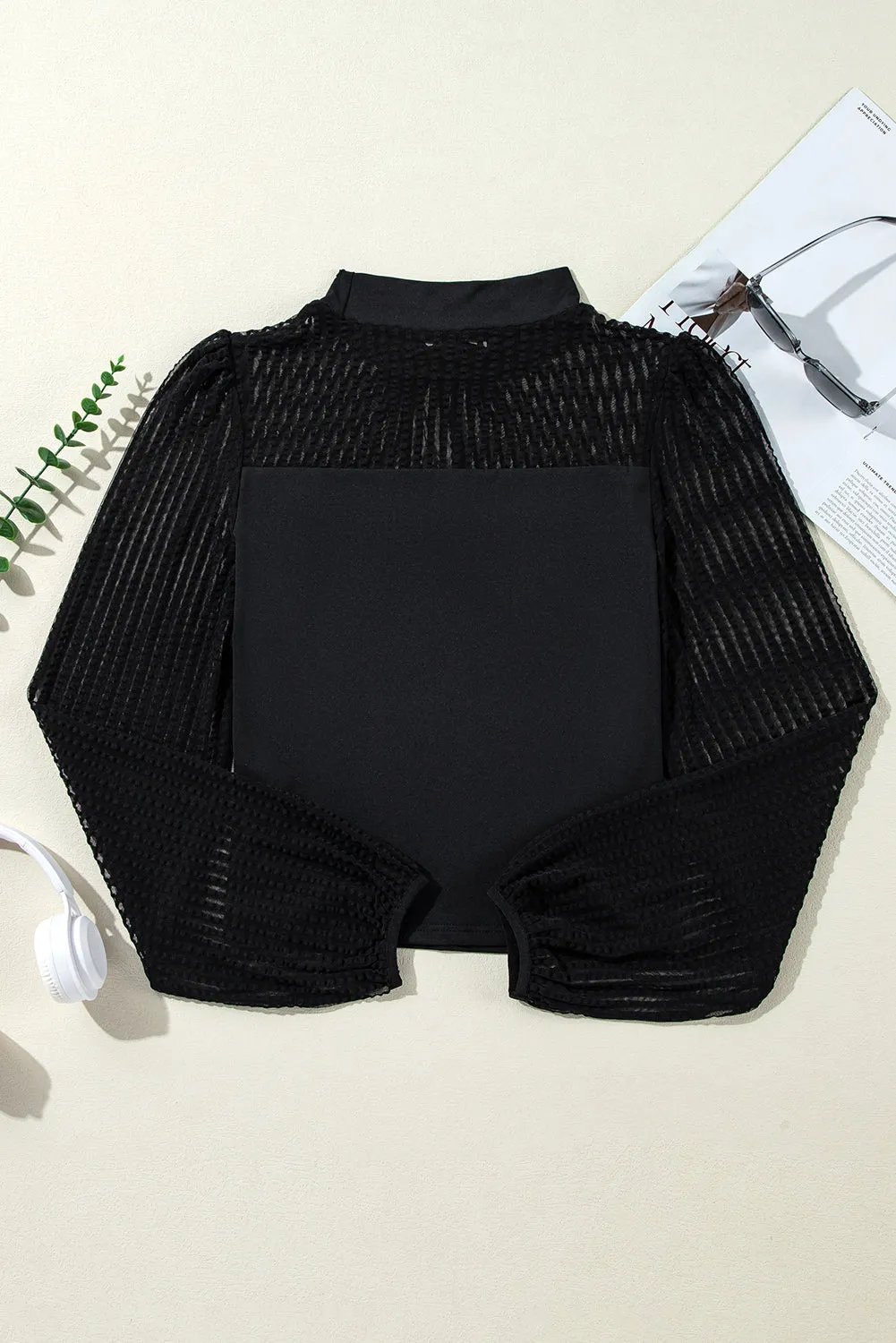 Black Stand Collar Striped Mesh Lantern Sleeve Blouse