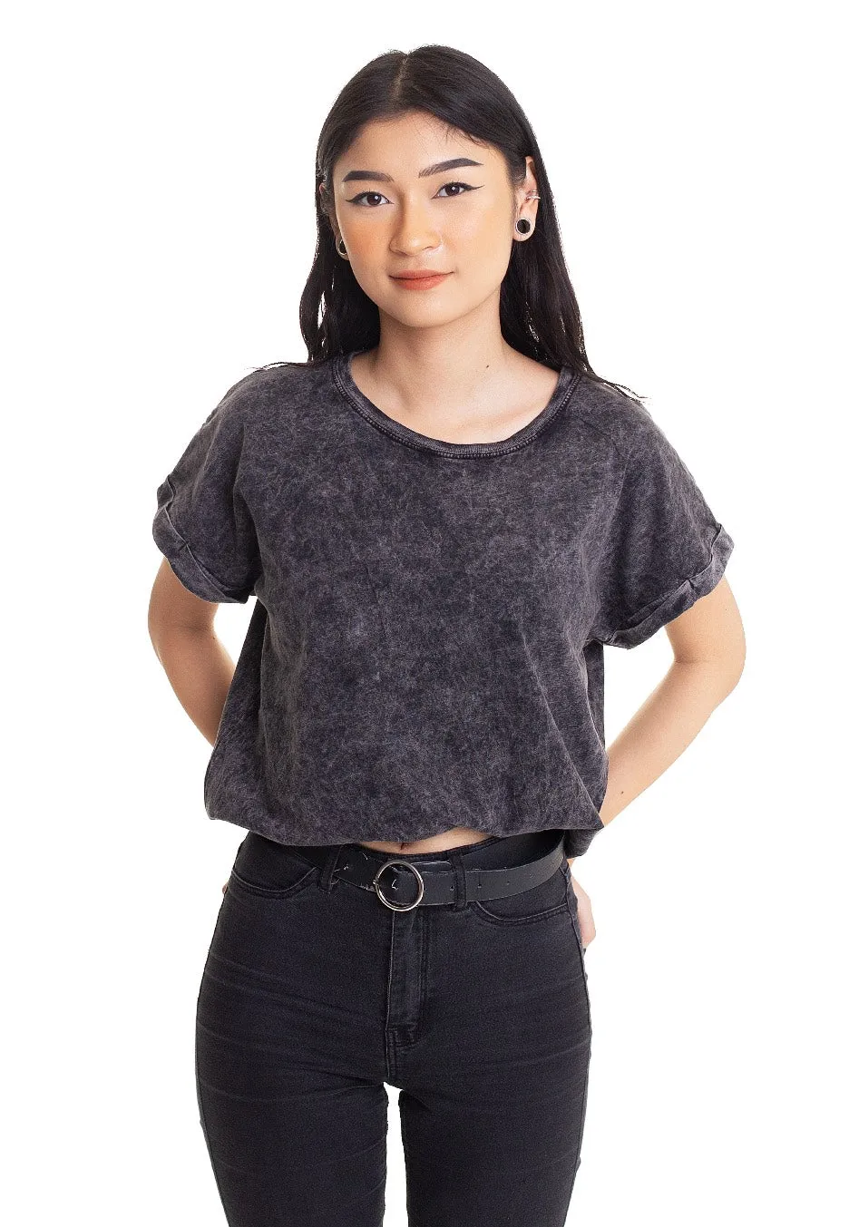 Dark Moon - Acid Washed Extended Shoulder Darkgrey - Girly