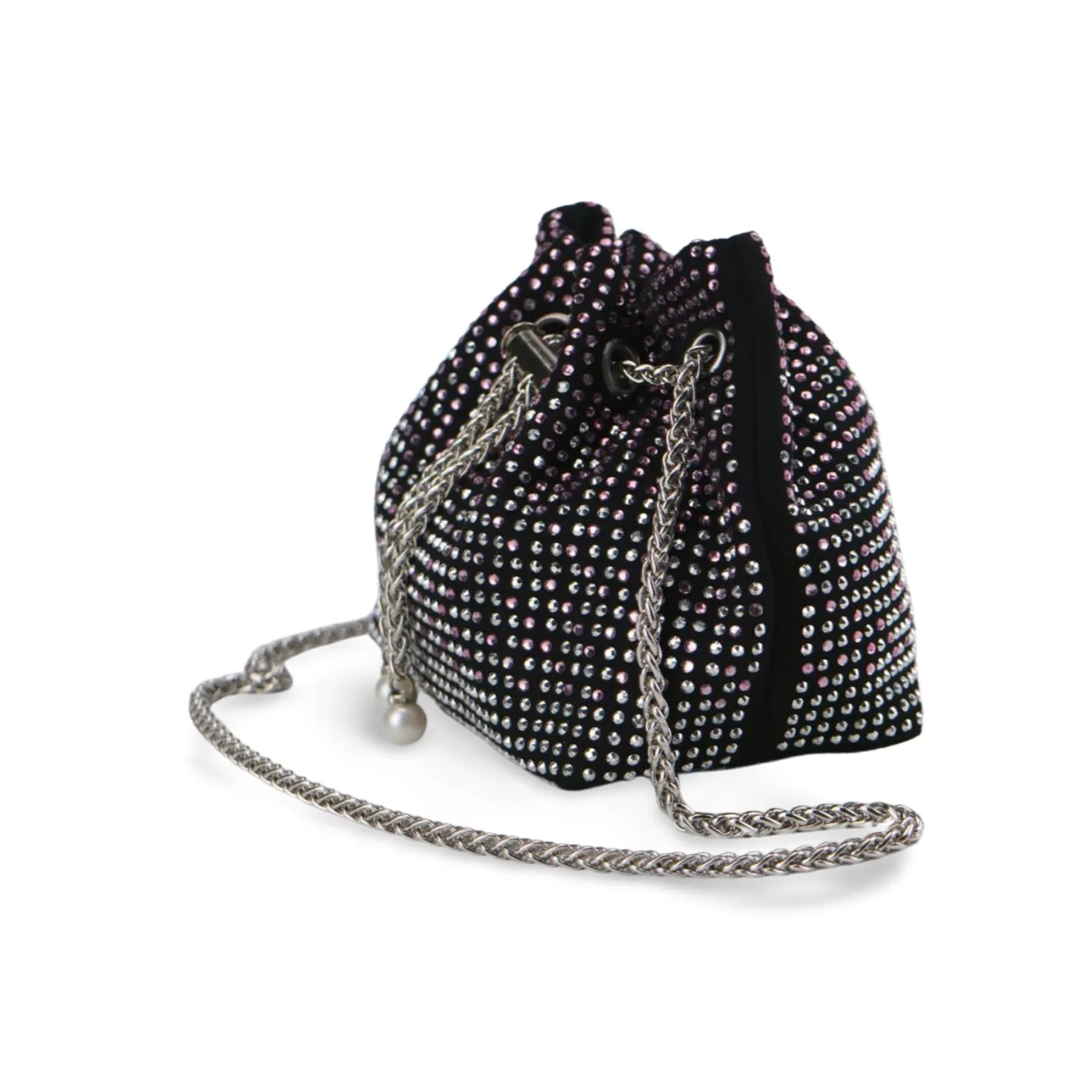 Elegant Bucket Bag With Rhinestones and Pearls With Silver Stainless Steel Chain