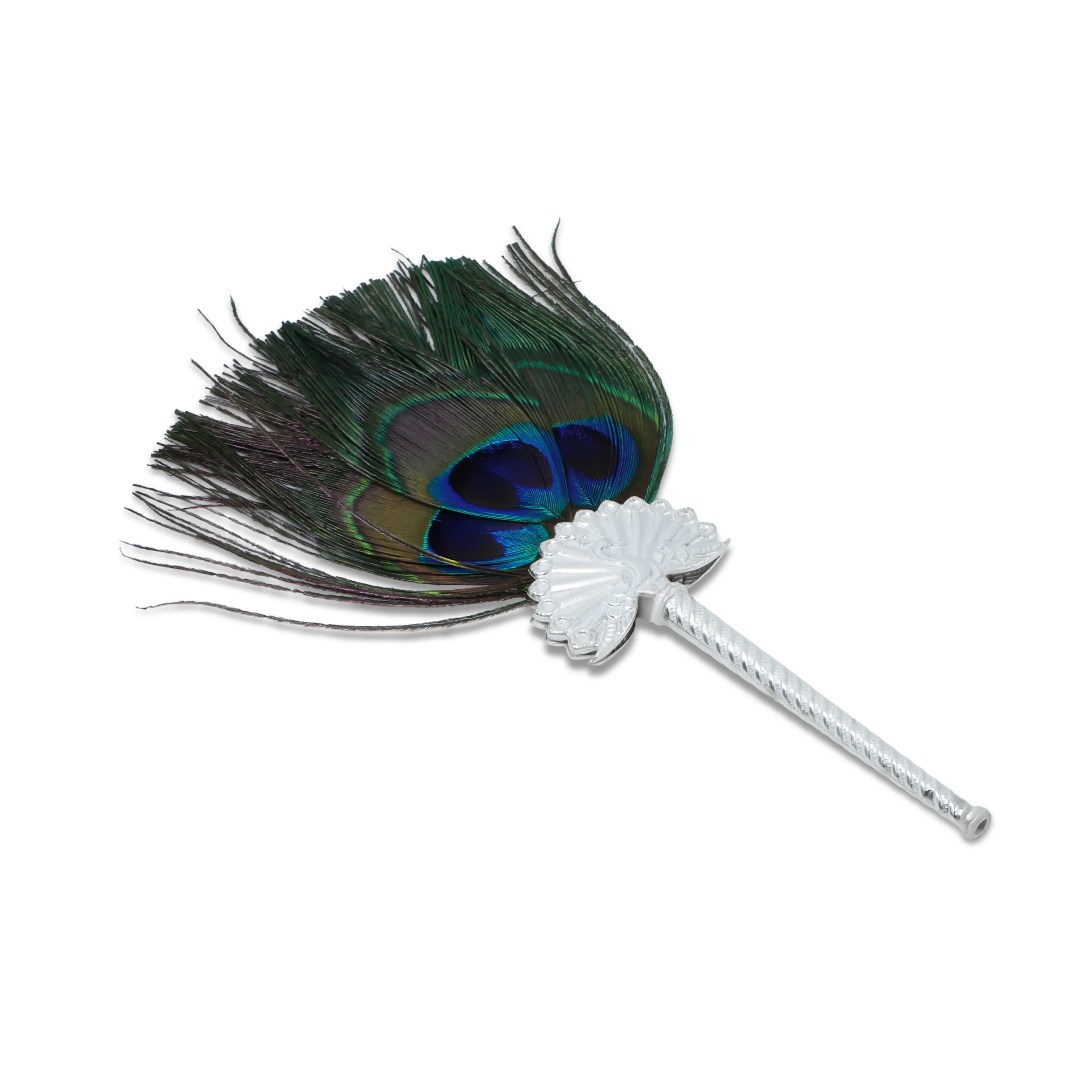 Elegant Peacock Feather Fan with Ornate Silver Handle For Krishna Laddu Gopal