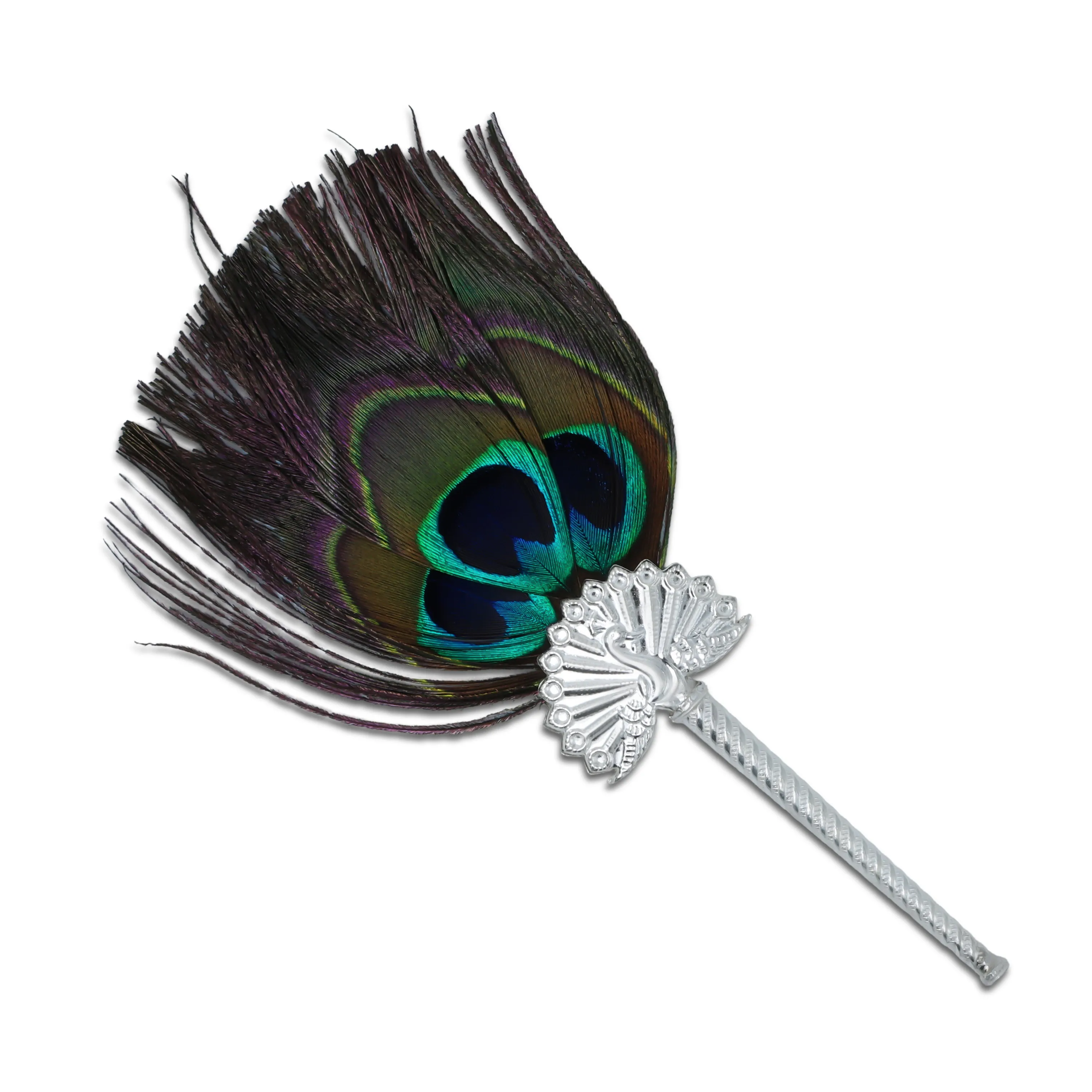 Elegant Peacock Feather Fan with Ornate Silver Handle For Krishna Laddu Gopal