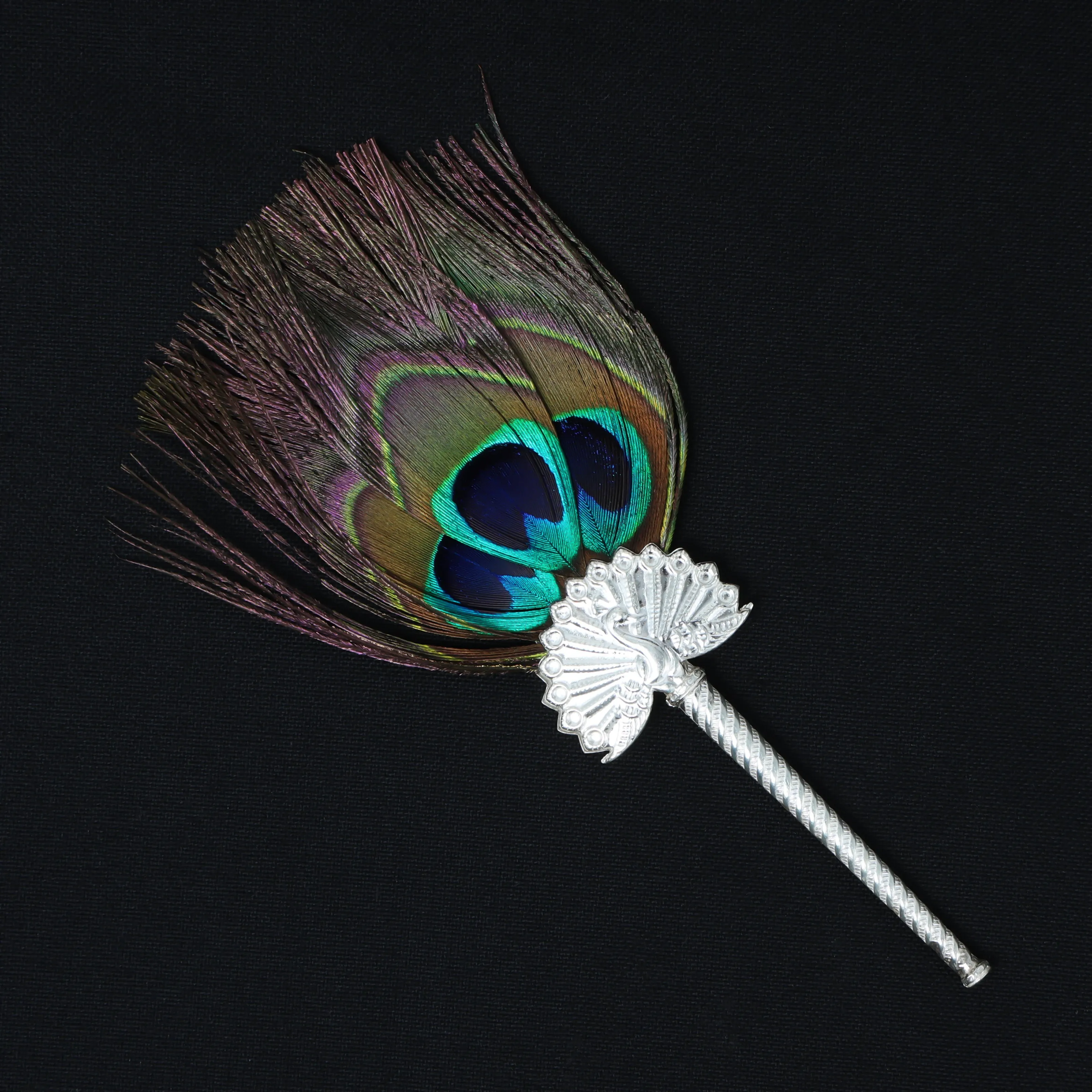 Elegant Peacock Feather Fan with Ornate Silver Handle For Krishna Laddu Gopal