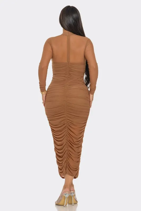 Espresso Mesh Ruched Midi Dress