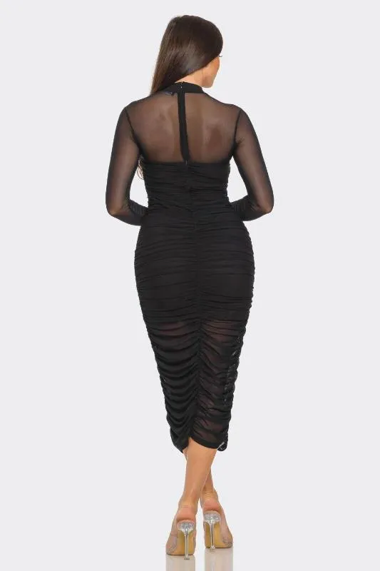 Espresso Mesh Ruched Midi Dress