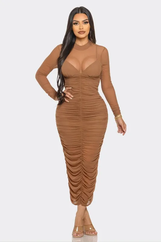 Espresso Mesh Ruched Midi Dress