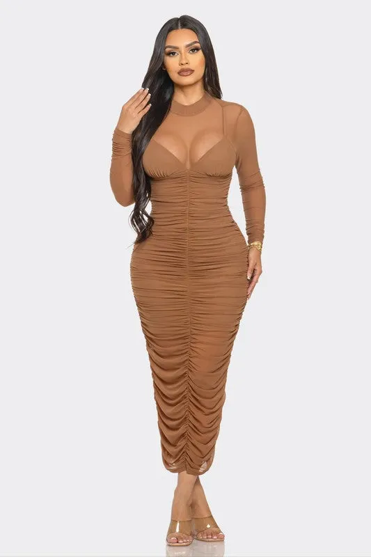 Espresso Mesh Ruched Midi Dress