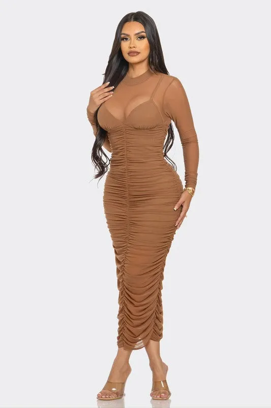 Espresso Mesh Ruched Midi Dress