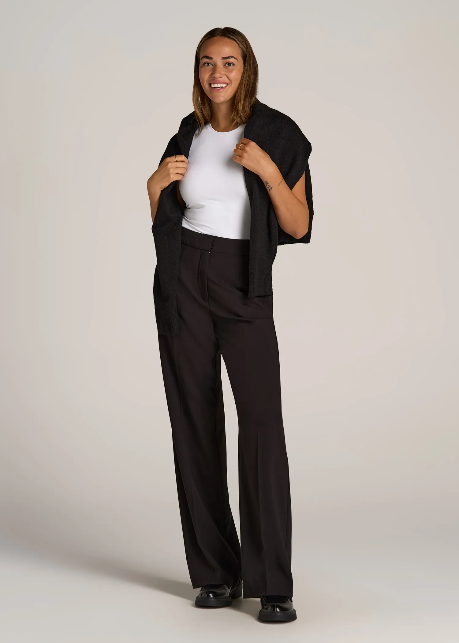 Flat Front Wide Leg Dress Pants for Tall Women in Black