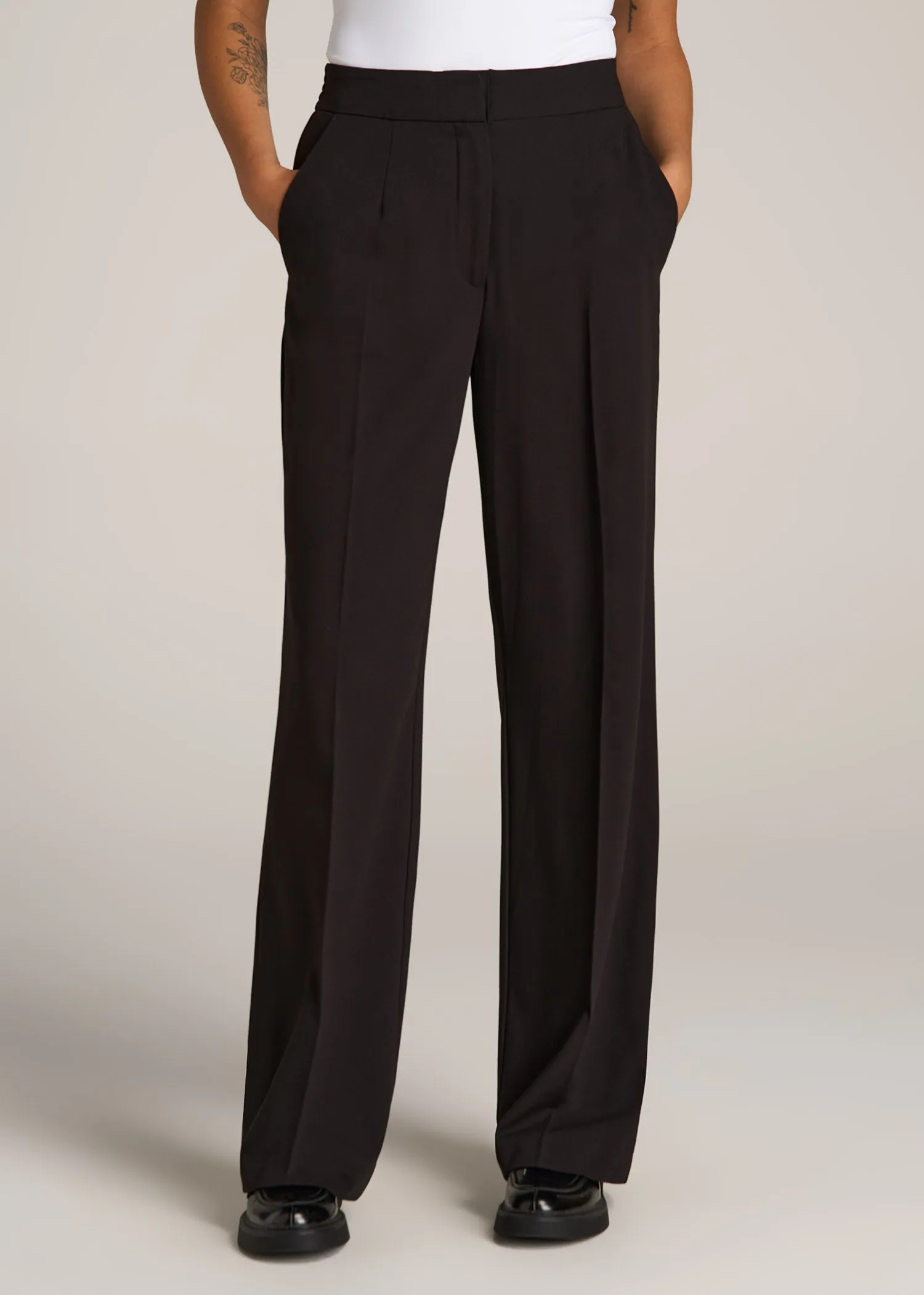 Flat Front Wide Leg Dress Pants for Tall Women in Black