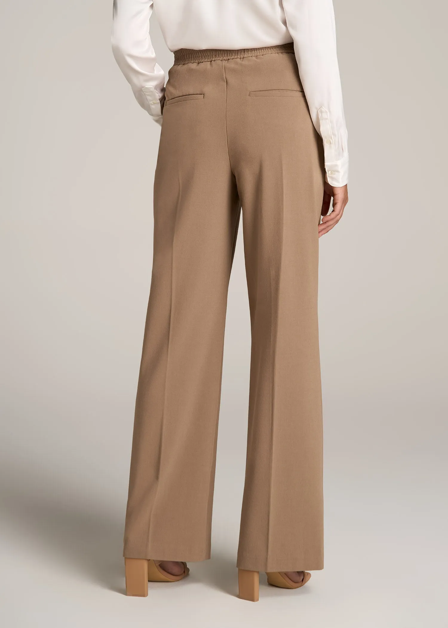 Flat Front Wide Leg Dress Pants for Tall Women in Fawn