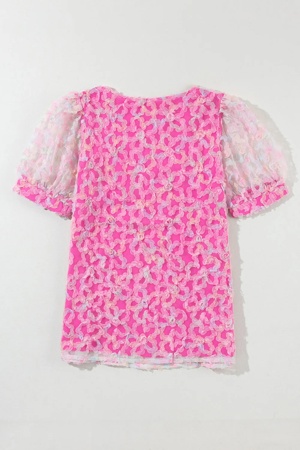 Flowery Mesh Short Puff Sleeve Blouse