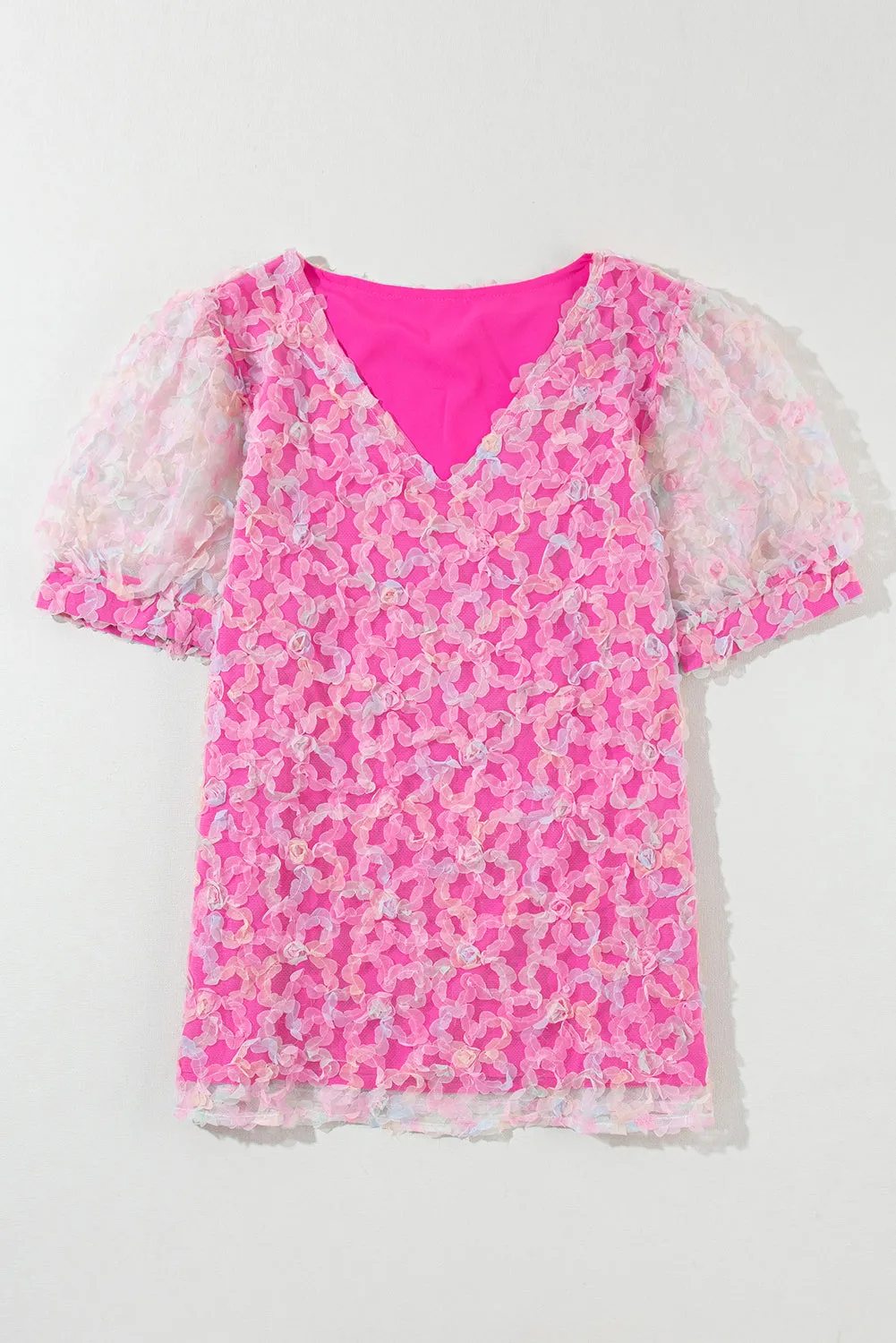 Flowery Mesh Short Puff Sleeve Blouse