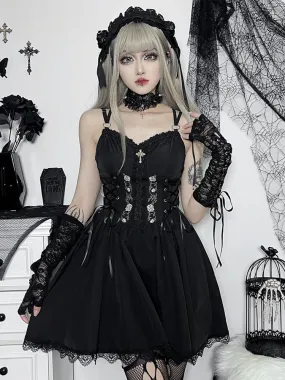 Gothic Sexy Black V Neck Lace Up Y2K Grunge Punk High Waist Lace Trim Party Dress