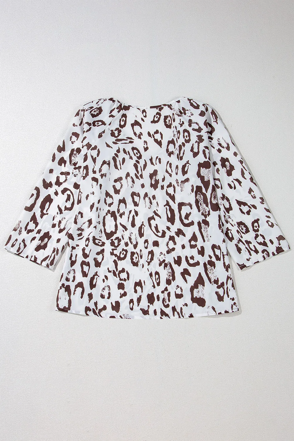 Khaki Leopard Print Ruched V Neck 3/4 Sleeve Blouse