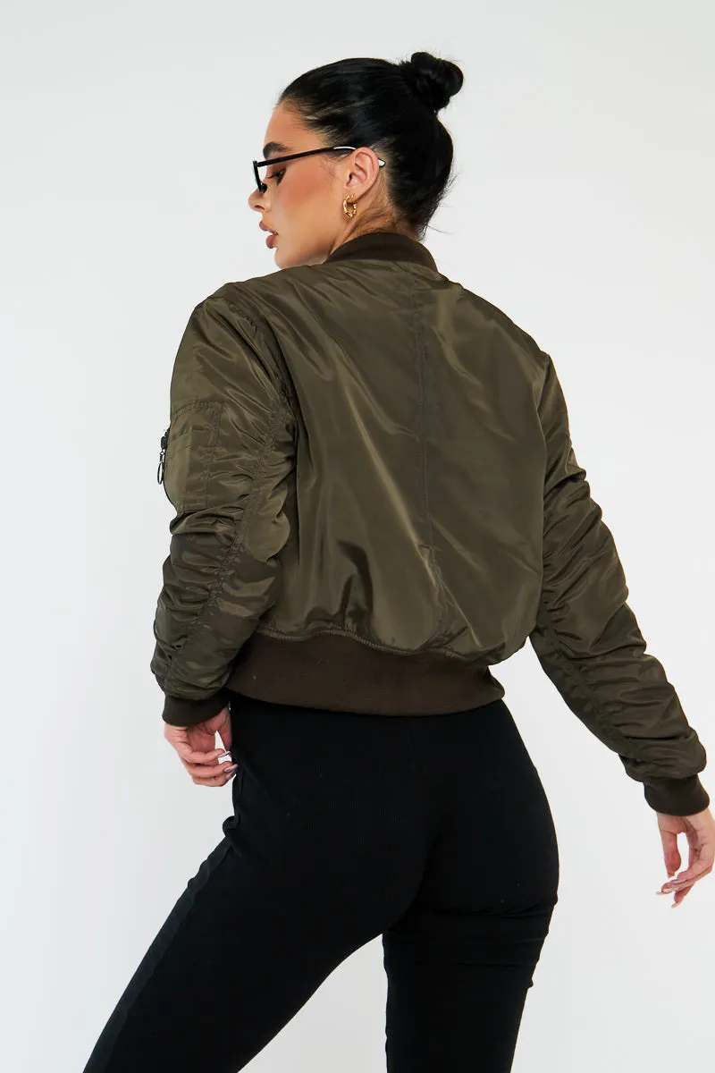 Khaki Zip Front Bomber Jacket - Jiya