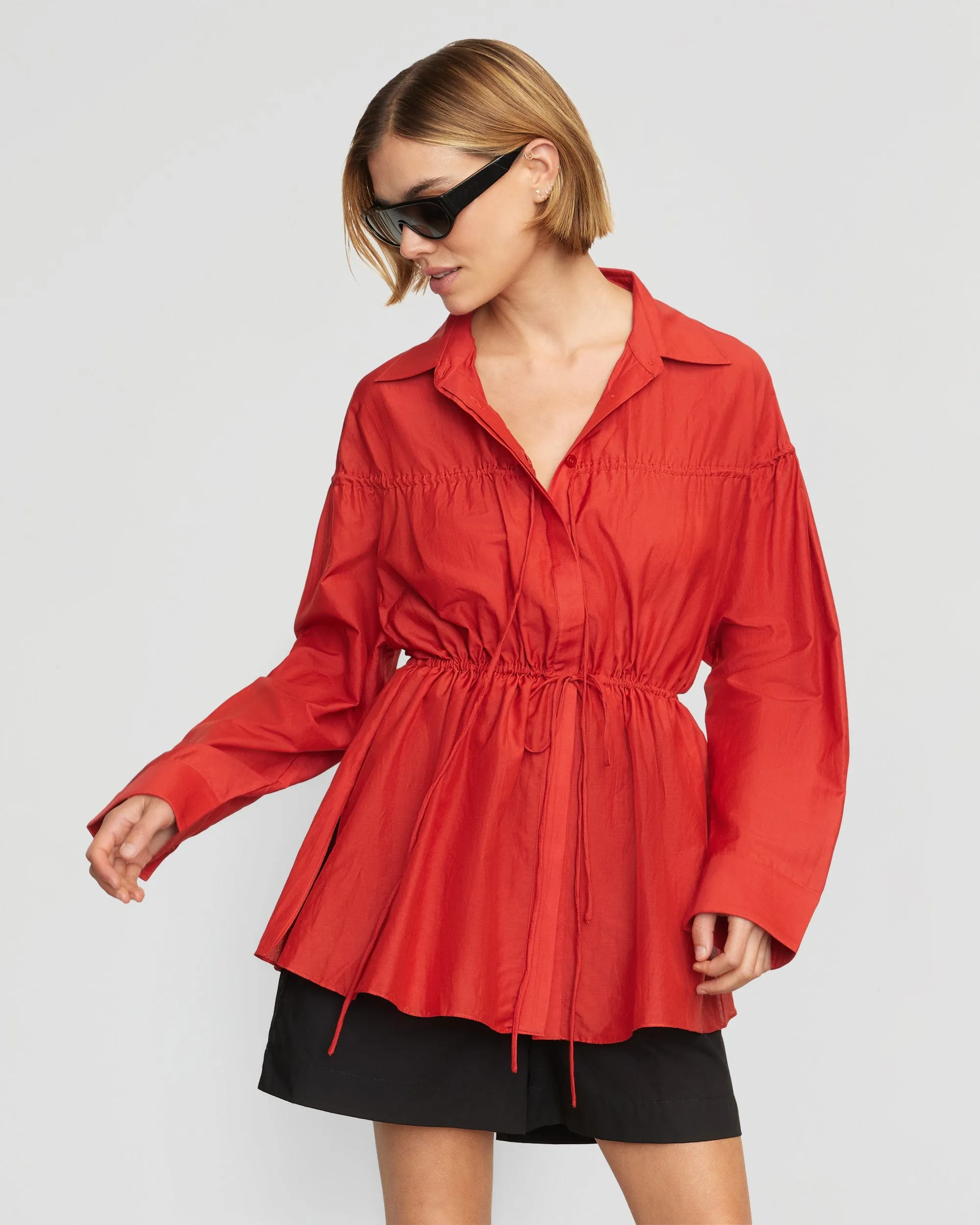 Kia Tie-Front Cotton-Silk Tunic Blouse