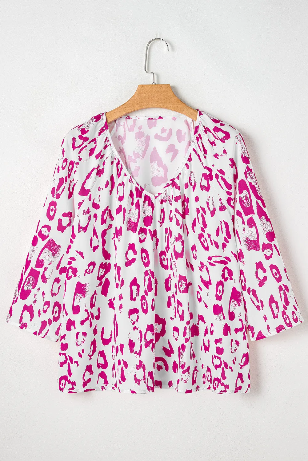 Leopard Print Ruched V Neck 3/4 Sleeve Blouse