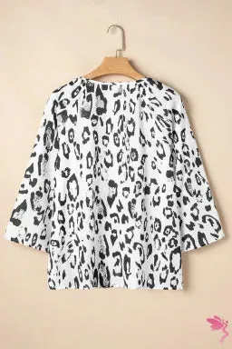 Leopard Print Ruched V Neck 3/4 Sleeve Blouse